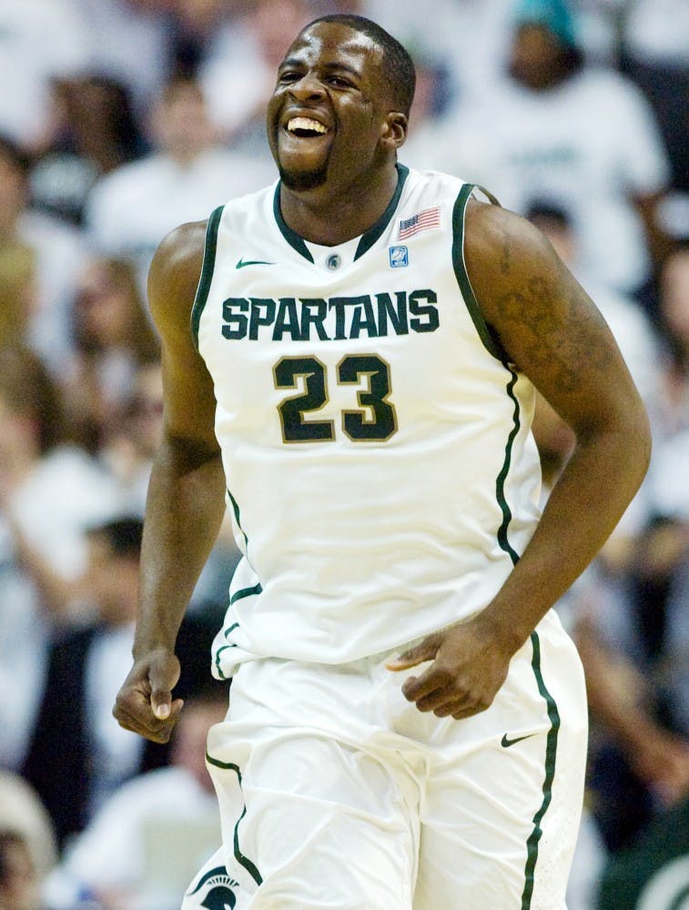 	<p>Junior forward Draymond Green reacts during the first half against Penn State on Thursday night at Breslin Center. Green had a triple-double against the Nittany Lions.</p>