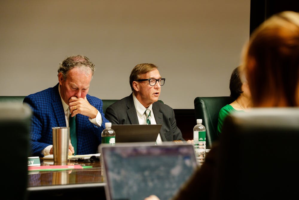 President Samuel L. Stanley alongside Trustee Kelly at the Michigan State University Board of Trustee's first meeting of the fall semester on Sep. 9, 2022.