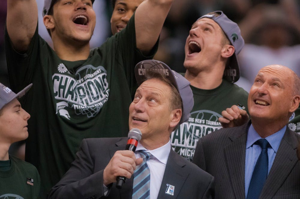 Head coach Tom Izzo speaks before receiving the Big Ten Championship trophy after the game on March 13, 2016 at Bankers Life Fieldhouse in Indianapolis, Indiana. The Spartans defeated the Boilermakers, 66-62. 
