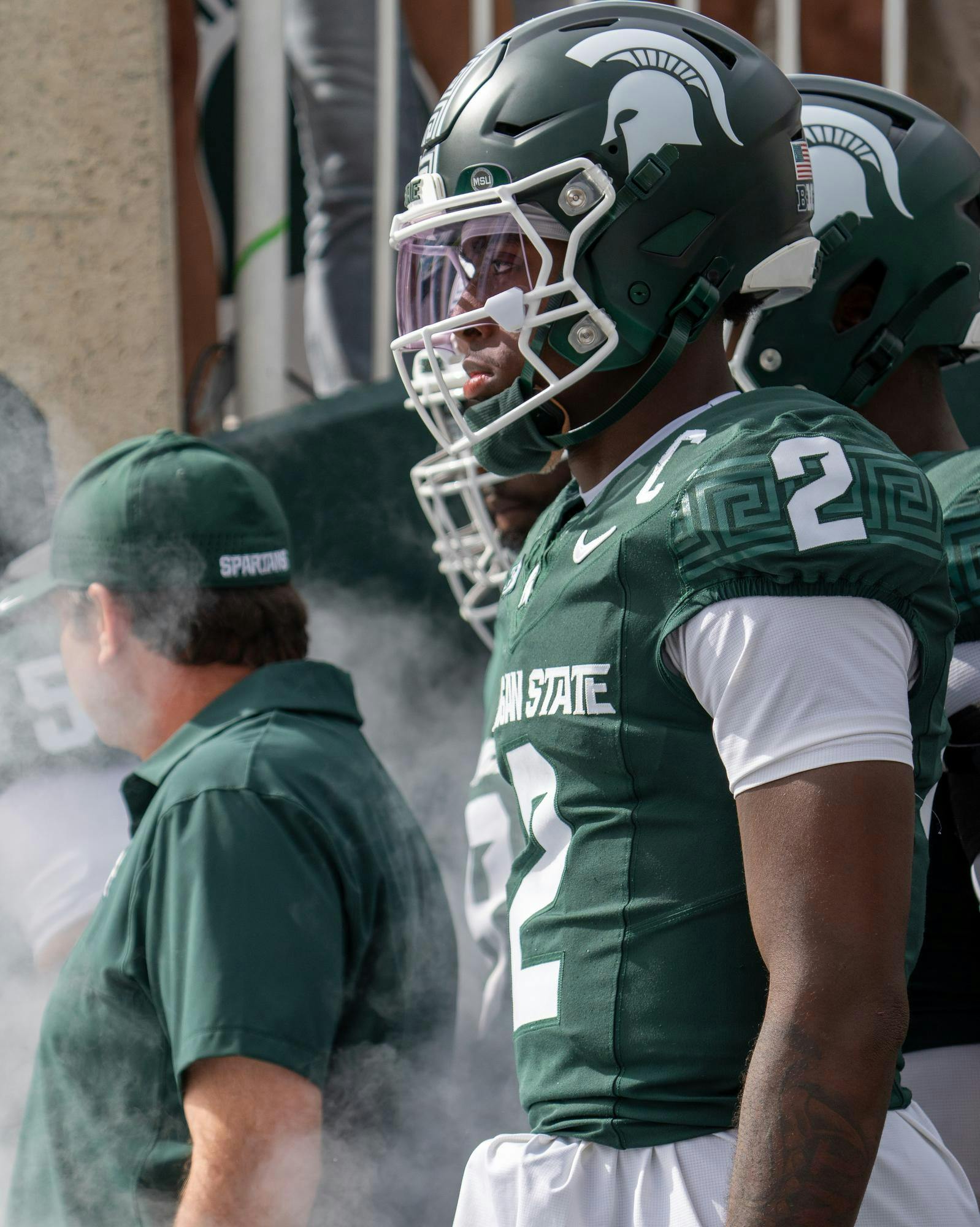 <p>MSU junior quarterback Aidan Chiles (2) prepares to take the field during the game against Youngstown State at Spartan Stadium in East Lansing, Michigan on Sept. 13, 2025.</p>