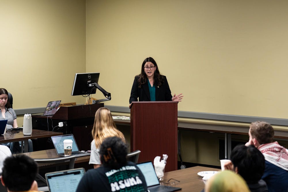 ASMSU current Vice President for Internal Administration and future ASMSU President, Maddie Hanes, gives her opening remarks regarding her race for president in the Student Affairs & Services building in East Lansing, MI on April 14, 2026.