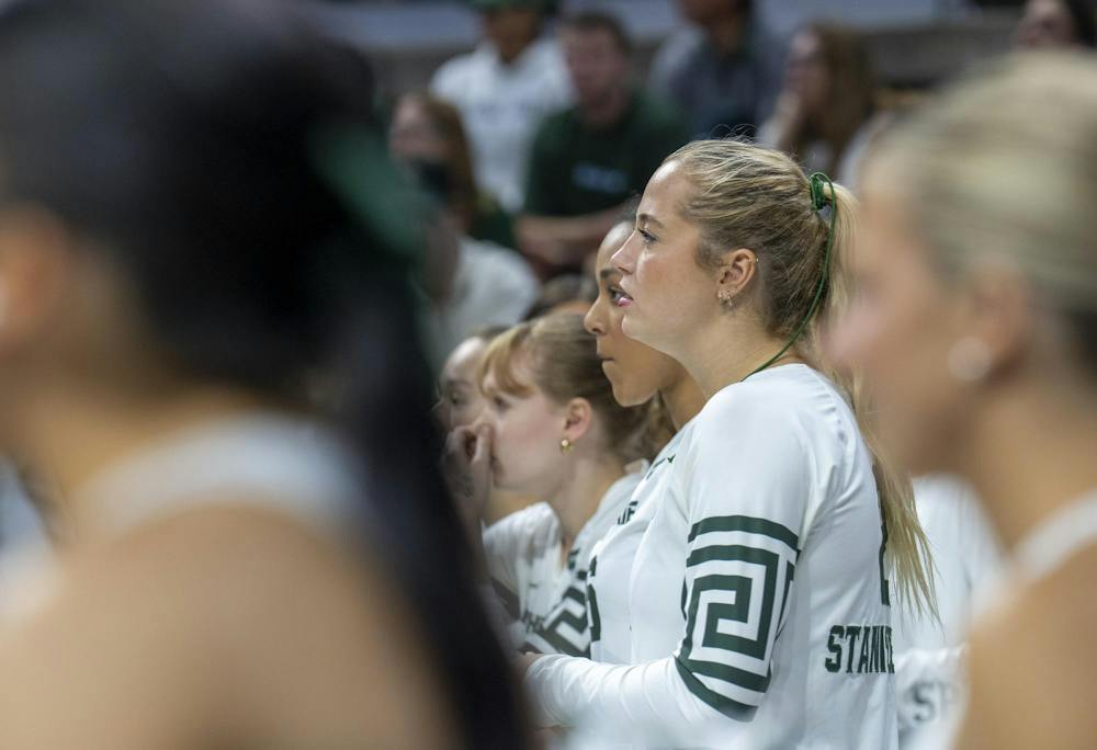 MSU Senior Karolina Staniszewska watches her team play with suspense at the Breslin Center during the MSU v Pennstate Volleyball game In East Lansing, MI on Sunday Sep. 27th, 2026