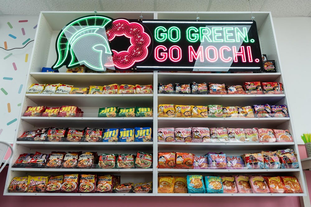 <p>Assorted ramen packets fill the shelves at Mochinut in East Lansing, Mich., on Sept. 8, 2026.</p>