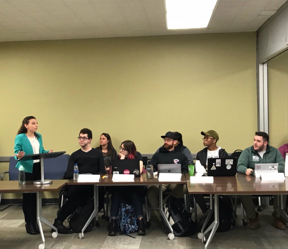 Political theory and constitutional democracy junior Katherine "Cookie" Rifiotis speaks to the Associated Students of Michigan State University on April 18, 2018. Rifiotis has become the organization's newest student body president.