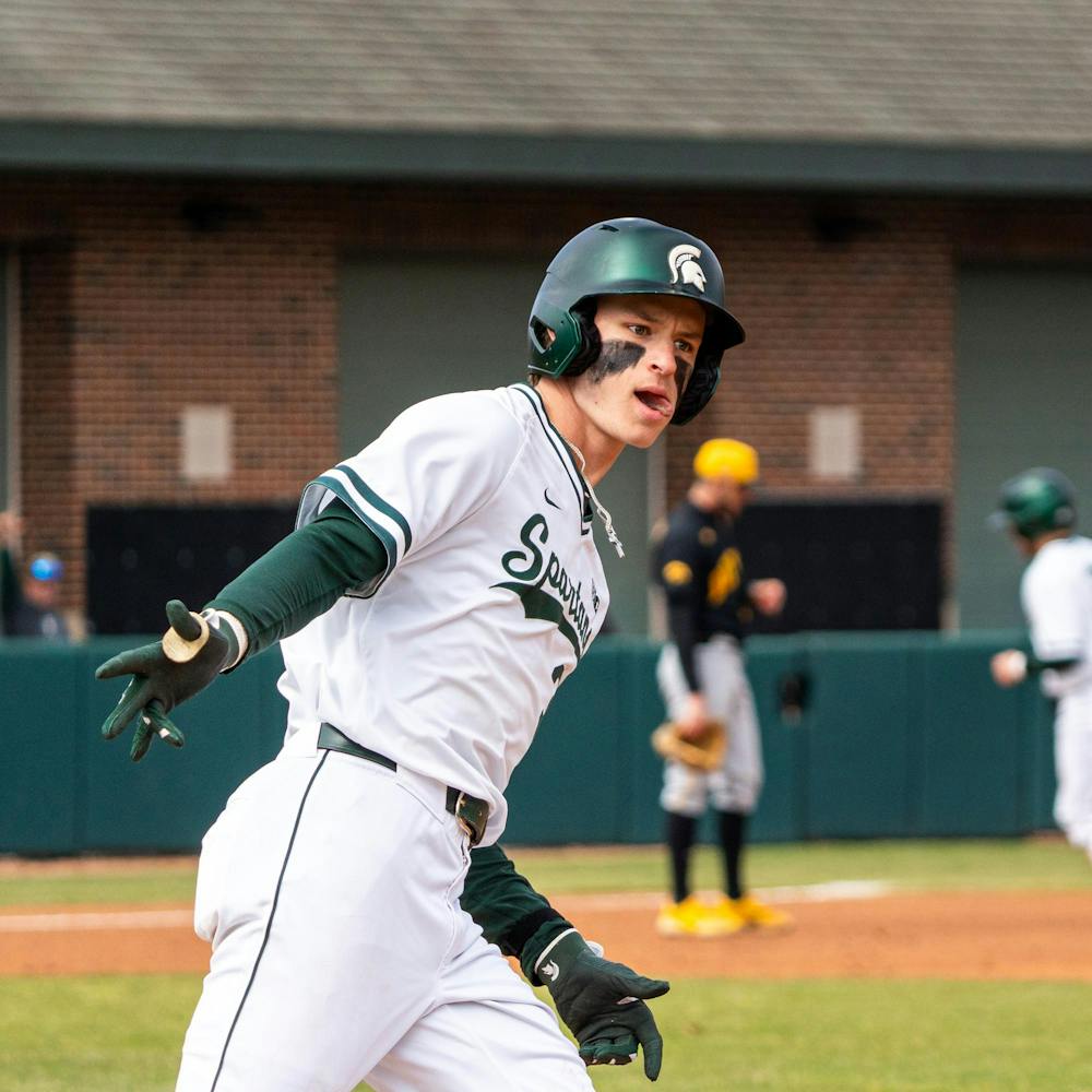 MSU So. INF, Randy Seymour (35), celebrates as he runs the bases after hitting a home run in the Jeff Ishbia Field in McLane Stadium in East Lansing, MI on March 21, 2026.