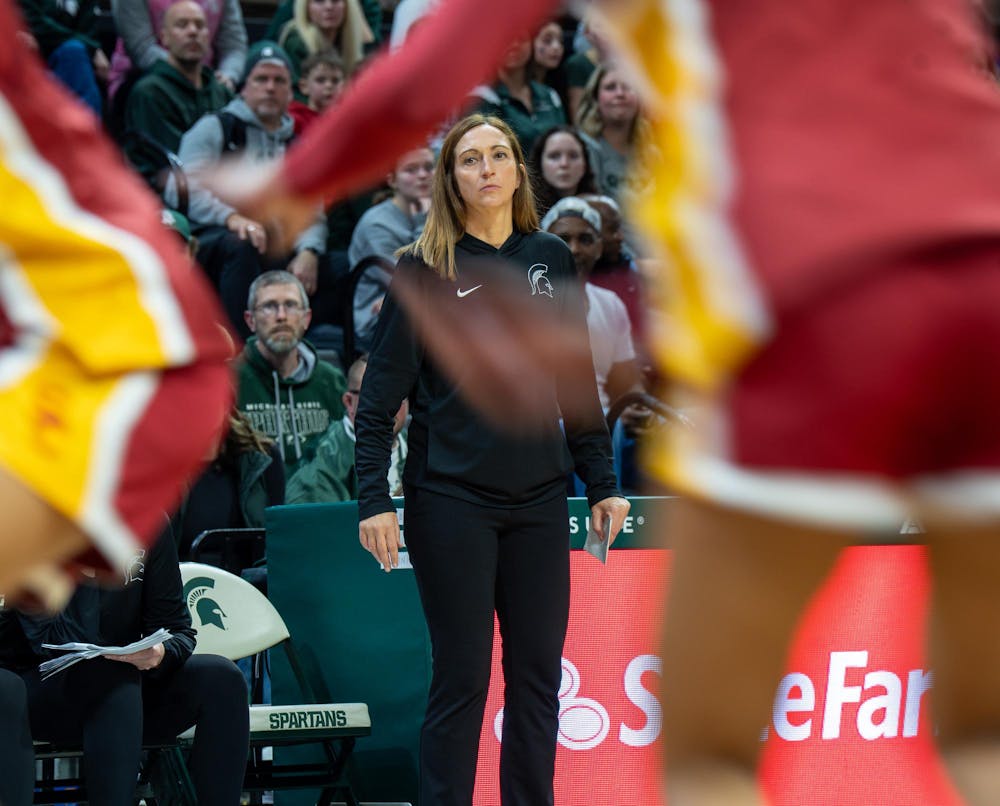 MSU head coach Robyn Fralick watches as her team attacks the basket during the matchup against USC at the Breslin Center on Jan. 22, 2026.
