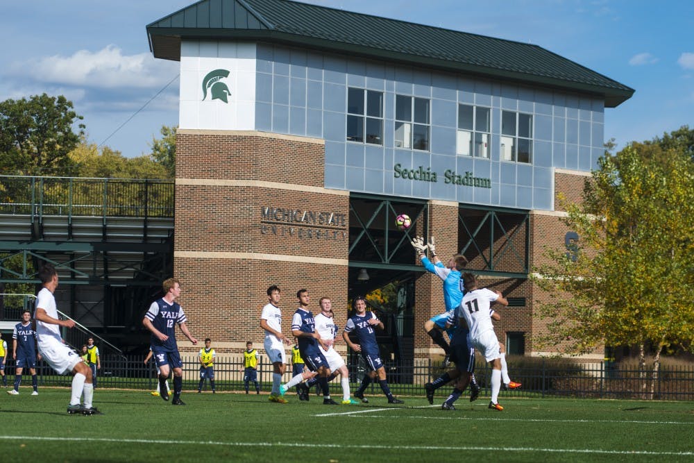 Yale goal keeper Kees Schipper (0) catches he ball during the game against Yale on Oct. 19, 2016 at DeMartin Stadium at Old College Field. The Spartans defeated the Bulldogs, 2-1.