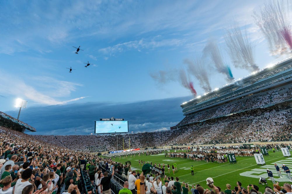 <p>Blackhawks flyover before the Michigan State vs. Toledo football game at Spartan Stadium in East Lansing, Mich., on Friday, Sept. 4, 2026.</p>