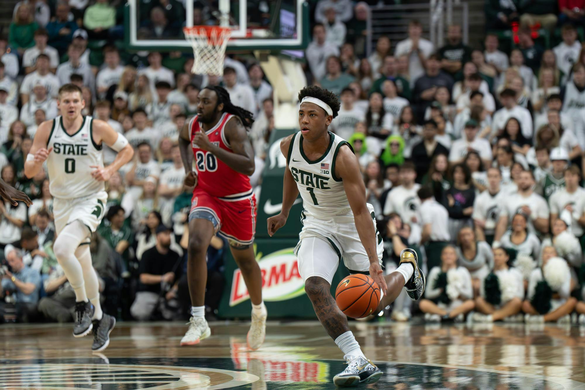<p>Michigan State guard Jeremy Fears Jr. (1) dribbles the ball downcourt during the Spartans’ matchup against Detroit Mercy at the Breslin Center in East Lansing, Mich., on Friday, Nov. 21, 2025.</p>