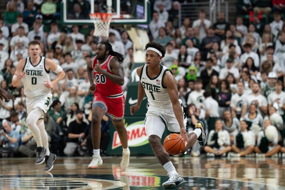 <p>Michigan State guard Jeremy Fears Jr. (1) dribbles the ball downcourt during the Spartans’ matchup against Detroit Mercy at the Breslin Center in East Lansing, Mich., on Friday, Nov. 21, 2025.</p>