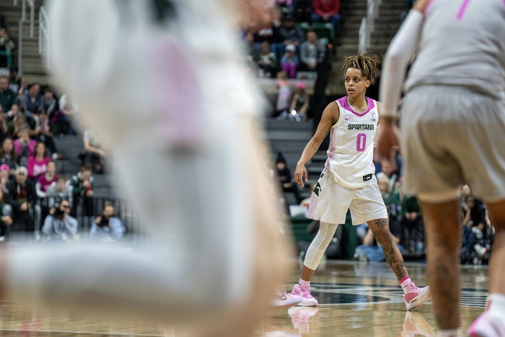 <p>Michigan State University Spartan junior guard DeeDee Hagemann (0) prepares for action against The Ohio State University’s Buckeyes at the Breslin Center on Feb. 11, 2024. The Spartans lost to the Buckeyes 71-86.</p>