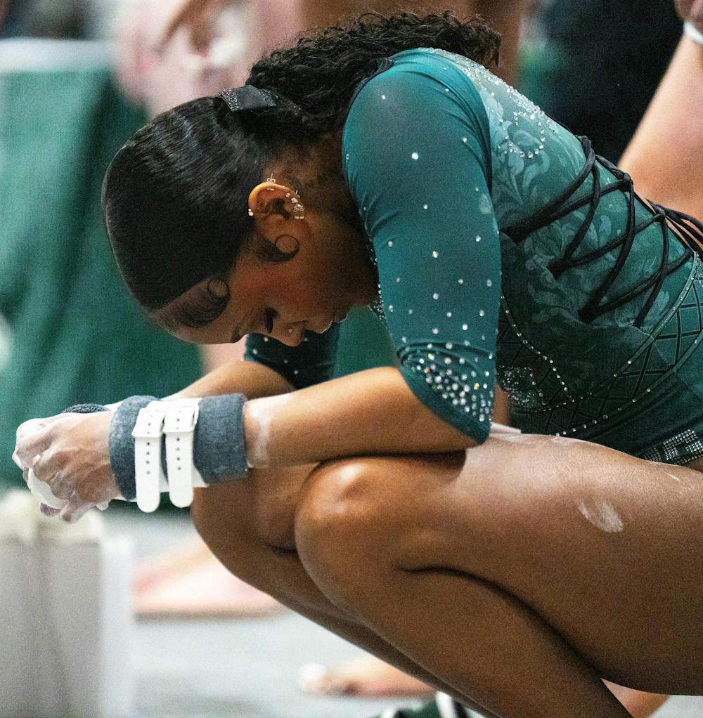 MSU Senior gymnast Nikki Smith focusing her mind during the MSU v WMU v UMD at Jenison Field House in East Lansing, on Feb. 15th, 2026.