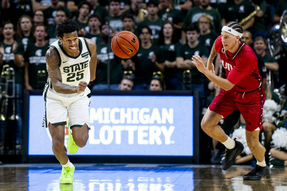 <p>Michigan State guard Jasiah Jervis (25) and an Incarnate Word Cardinal go for the ball during the Michigan State vs. Incarnate Word men's basketball exhibition game at Breslin Center in East Lansing, Mich., on Friday, Oct. 2, 2026.</p>