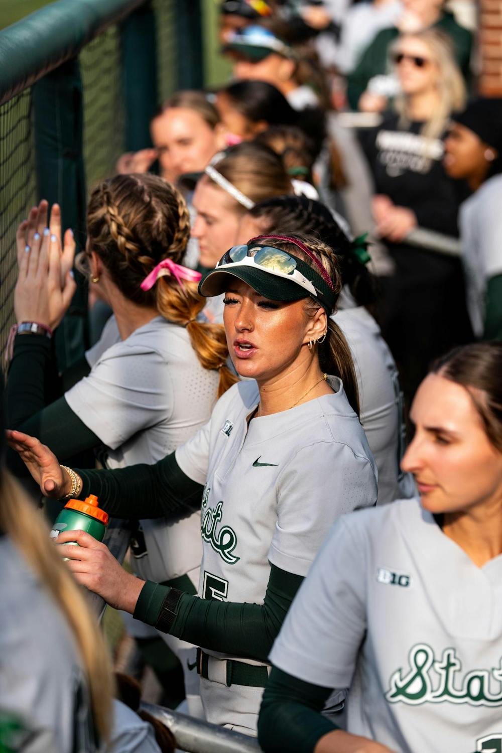 MSU softball team cheering on teammates during the MSU V Nebraska Softball game at Secchia Stadium in East Lansing, on March 20 2026.