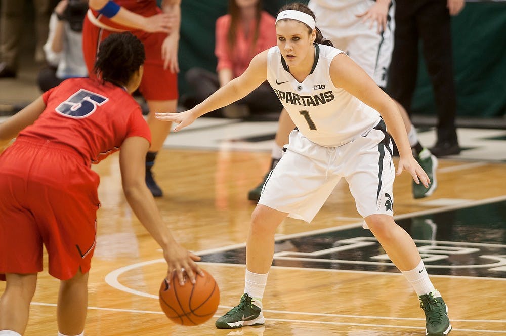 	<p>Freshman guard Tori Jankoska plays defense against University of Detroit guard Reyna Montgomery Nov. 20, 2013, at the Breslin. <span class="caps">MSU</span> defeated UofD 80-41. Margaux Forster/The State News</p>
