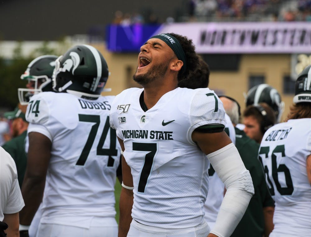 <p>Junior wide reciever Cody White (7) gets hyped up before the game against Northwestern at Ryan field on September 21, 2019. MSU defeated Northwestern 31-10.</p>