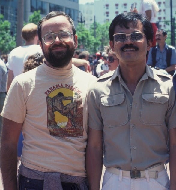 <p>MSU alumnus Stephen Murray, left, and research scientist Keelung Hong, right, pose for a photo in 1983. Hong donated MSU Library&#x27;s largest cash donation in history in honor of Murray, who was his longtime partner.</p>