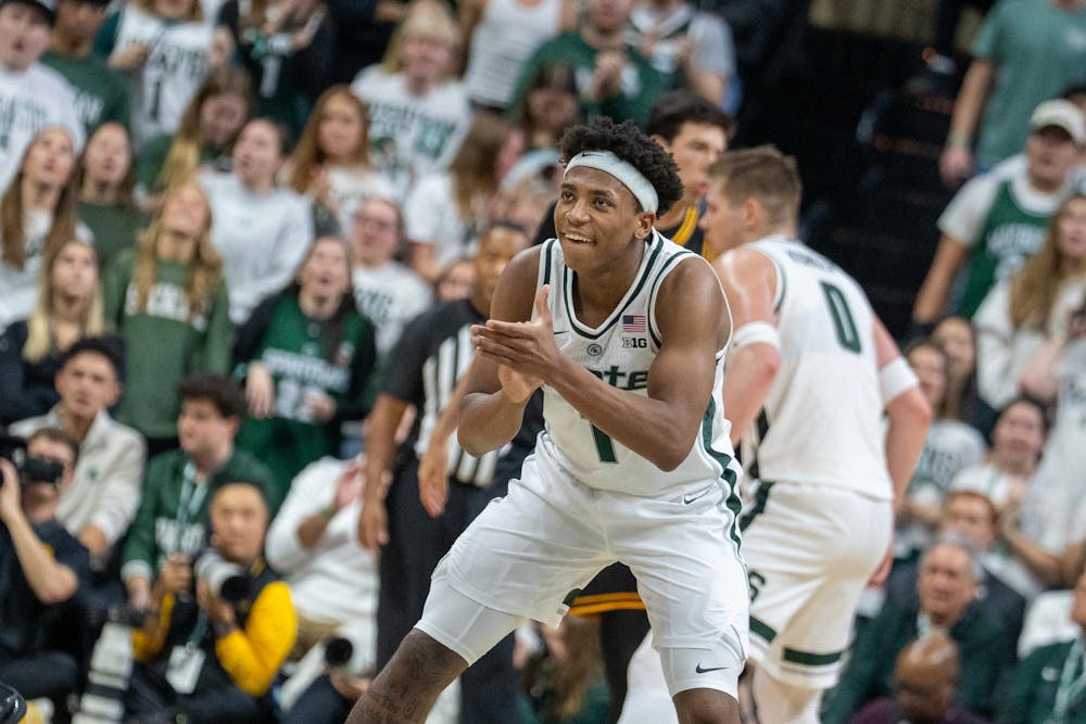 <p>Sophomore point guard Jeremy Fears Jr. (1) celebrates after a Spartan score during the matchup against the University of Iowa at the Breslin Center on Dec. 2, 2025.</p>