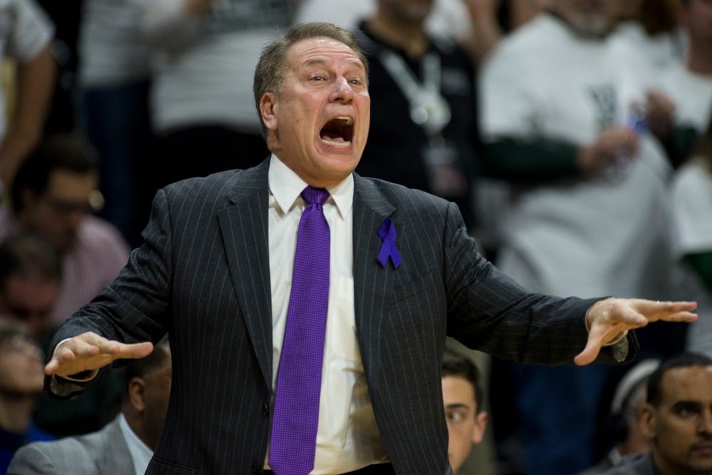 Head coach Tom Izzo yells to his players during the first half of the game against Illinois on Jan. 7, 2016 at Breslin Center. The Spartans defeated the Illini, 79-54. 