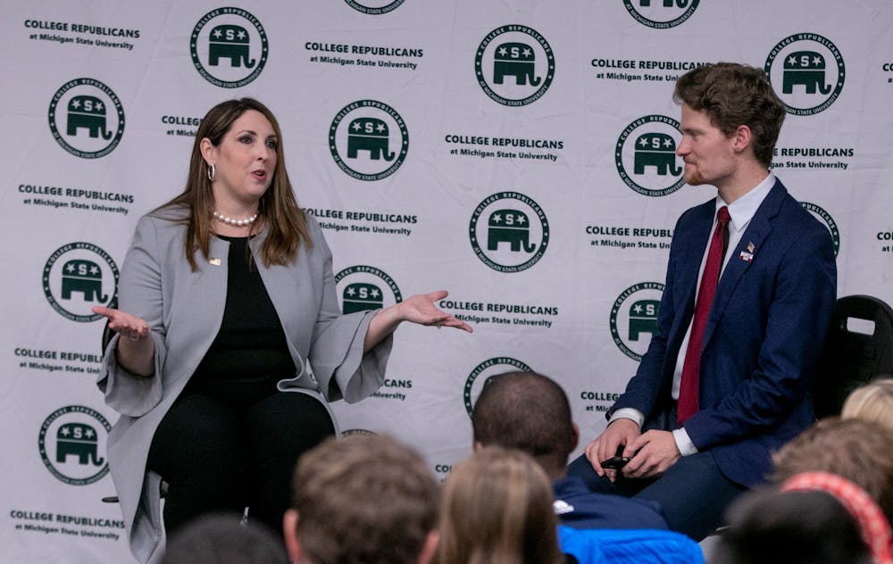 MSU College Republicans Chair Sergei Kelley speaks with RNC Chair Ronna McDaniel at the Make Campus Great Again event at Wells Hall Jan. 29, 2020.