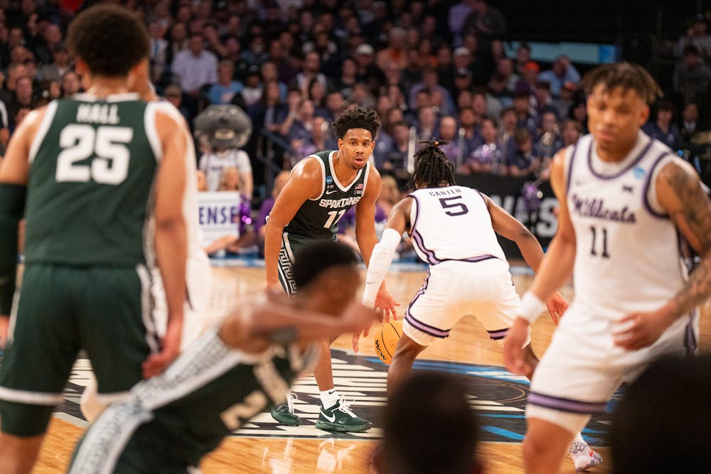 Sophomore guard AJ Hoggard dribbles during the Spartans' Sweet Sixteen matchup with Kansas State at Madison Square Garden on Mar. 23, 2023. The Spartans lost to the Wildcats 98-93 in overtime.