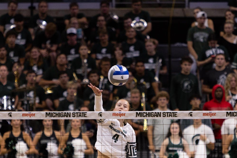 <p>Michigan State freshman outside hitter Madi Andrews (4) hits the ball during the Michigan State vs Western Michigan volleyball game at the Breslin Center on Sept. 8, 2026.</p>