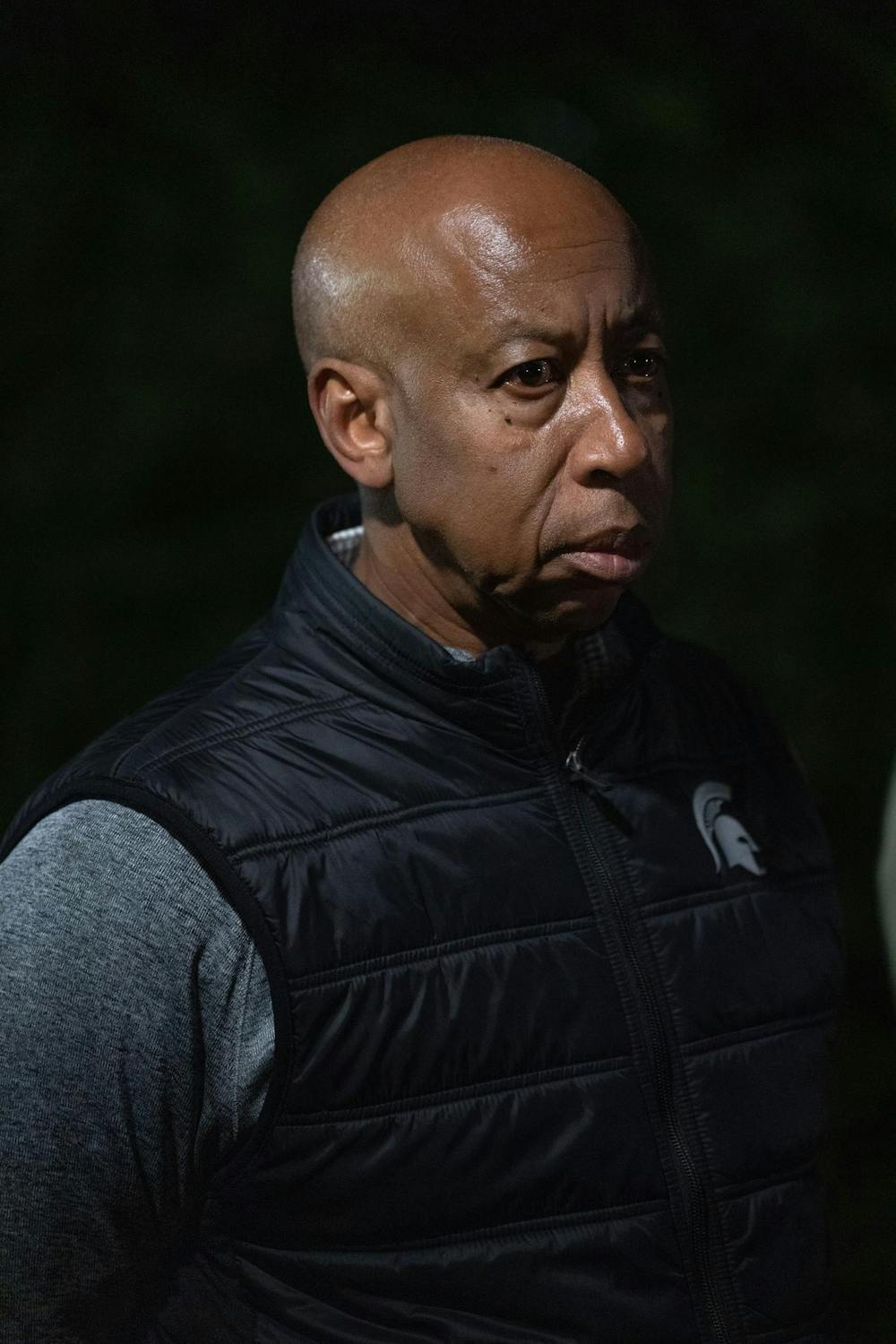 Vennie Gore, Michigan State University's senior vice president for student life and engagement, attends a night of remembrance held by the MSU Students for Justice in Palestine organization, outside Beaumont Tower, Oct. 7, 2024. The MSU Students for Palestine held a night of remembrance for those who have lost their lives in Gaza after conflict in the region escelated, following attacks in Israel one year ago. 