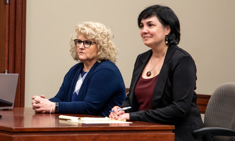 <p>Ex-MSU gymnastics coach Kathie Klages during a status update on March.14, 2019 at Ingham County Circuit Court.</p>