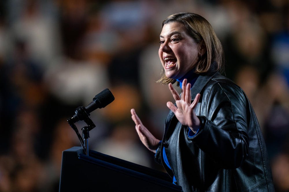 <p>Senate Candidate Elissa Slotkin speaks at Vice President Kamala Harris' presidential campaign rally on Michigan State University's campus in East Lansing, Michigan on Nov. 3, 2024. Vice President Harris' rally at MSU demonstrates this election cycle's focus on young voters and battleground states like Michigan.</p>