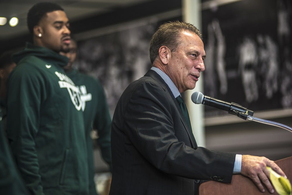 Head Coach Tom Izzo speaks during the ceremony unveiling the Tom Izzo Hall of History on Oct. 20, 2017 at the Breslin Center. Attendees included the Board of Trustees, Lou Anna K Simon, Mark Hollis and the Skandalaris family.