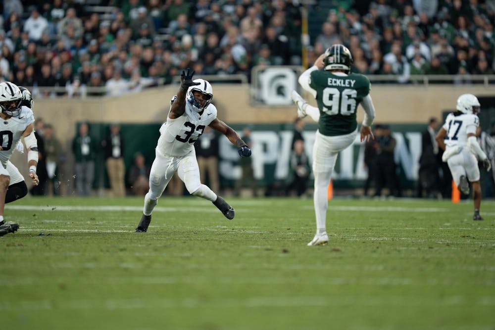 <p>Ryan Eckley (96), a senior punter for Michigan State, sends a punt downfield during the game against Penn State, in East Lansing, Mich. on Saturday, Nov. 15, 2025. Eckley’s kick aimed to flip field position and give the Spartans’ defense a chance to set up.</p>