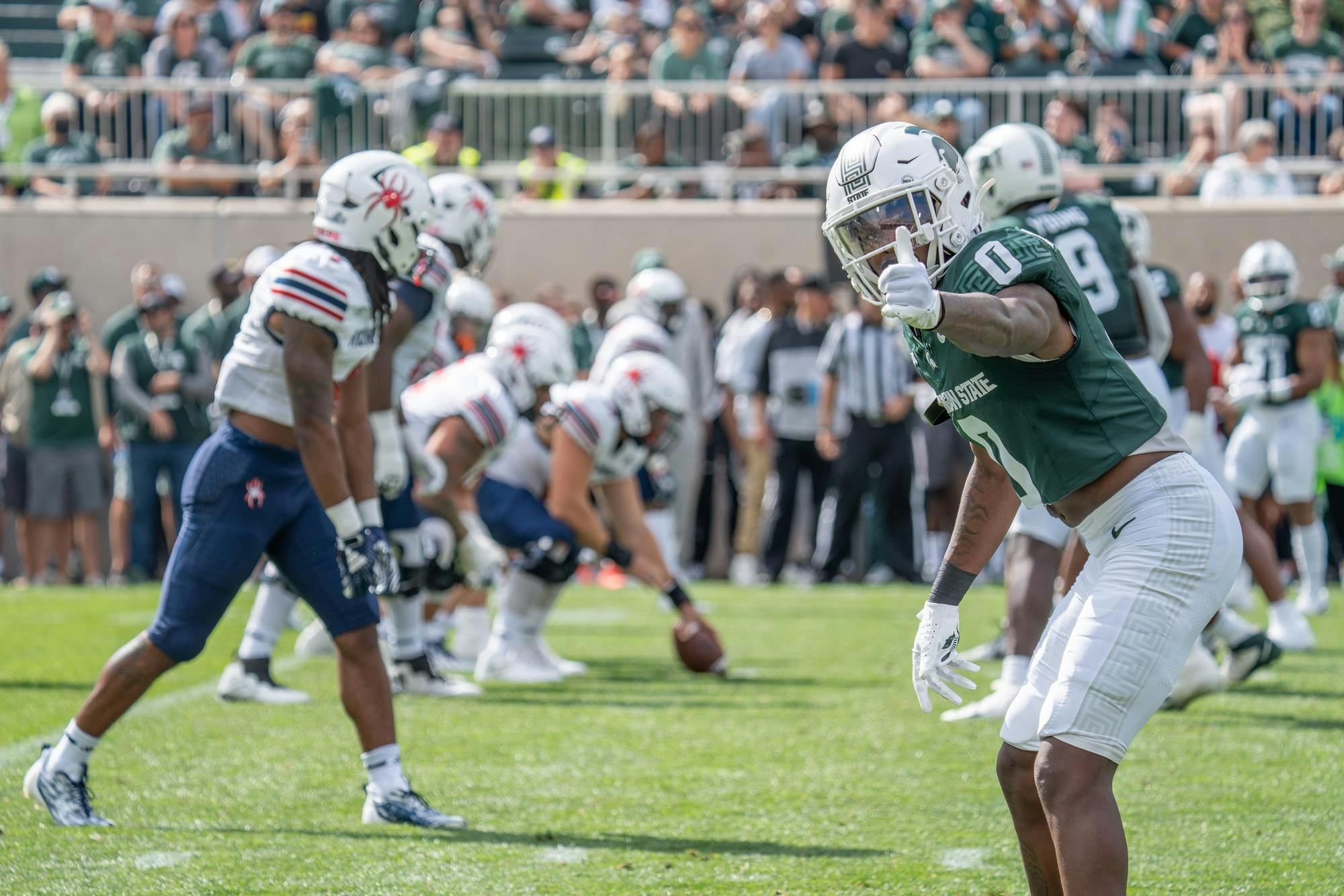 <p>Defensive back Charles Brantley (0) gives a thumbs up to the referee during a game against Richmond at Spartan Stadium on Sept. 9, 2023. The Spartans ultimately defeated the Spiders 45-14.</p>