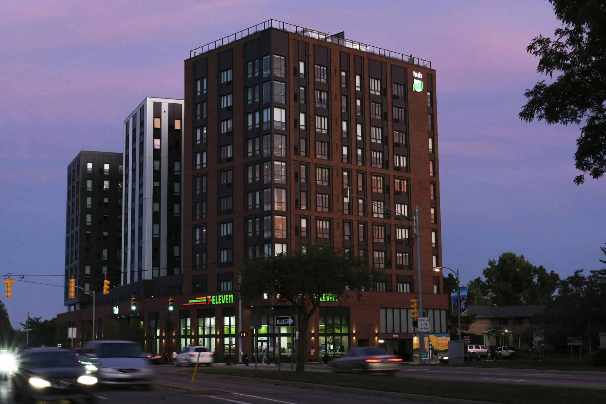 The Hub off-campus housing at sunset September 2, 2020