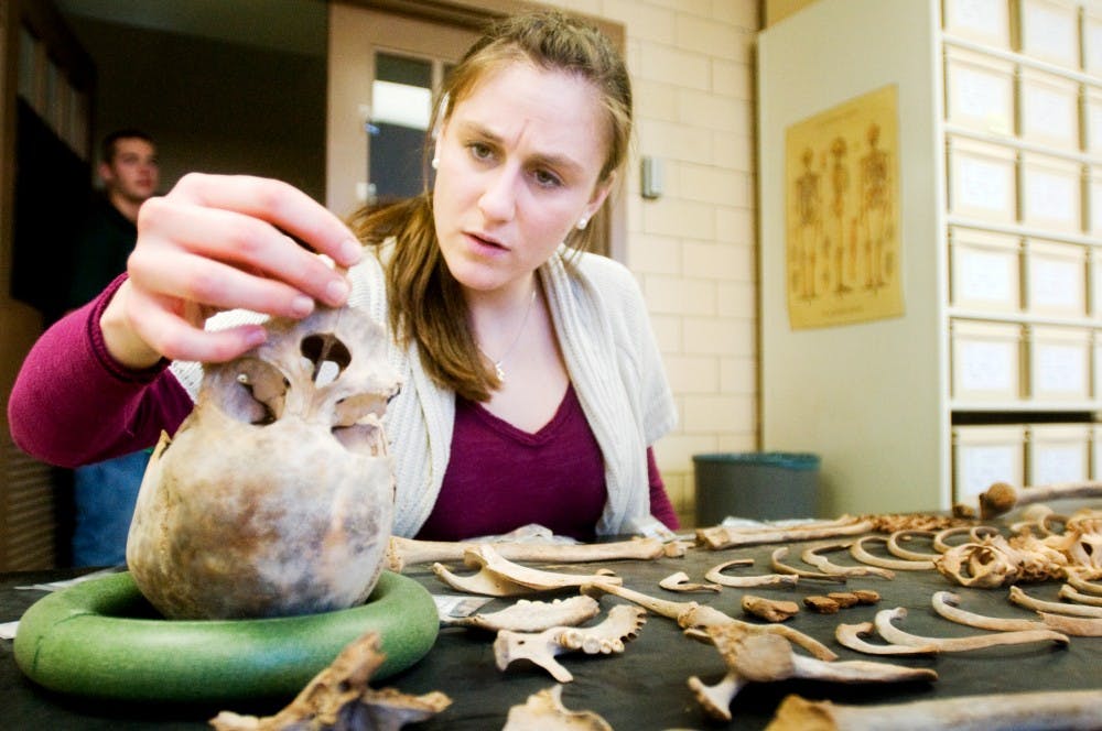 Physical anthropology graduate student Carolyn Hurst places a tooth in the mouth of a skeleton found at Mis Island in Sudan. The skeleton is believed to be of a teenager and was able to be found after a river flooded. Anthony Thibodeau/The State News