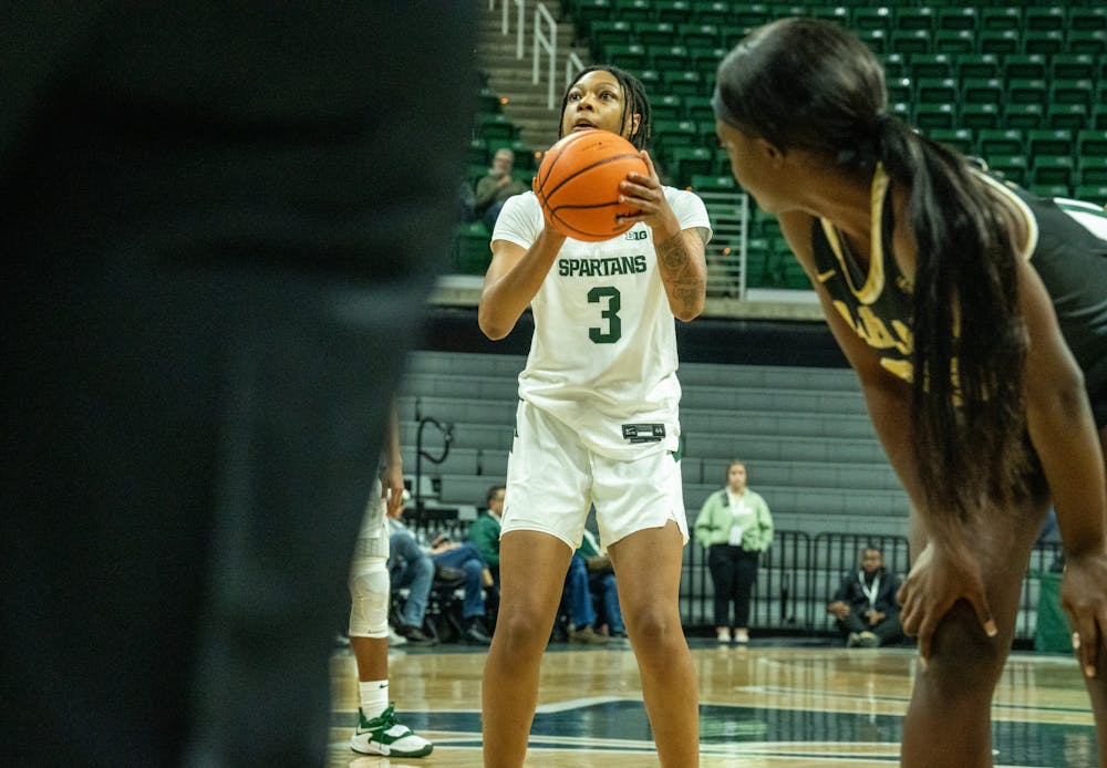 <p>Junior guard Gabby Elliott (3) is about to take a free throw at the game against Oakland at the Breslin Center on Nov. 15, 2022. The Spartans defeated the Grizzlies 85-39.&nbsp;</p>