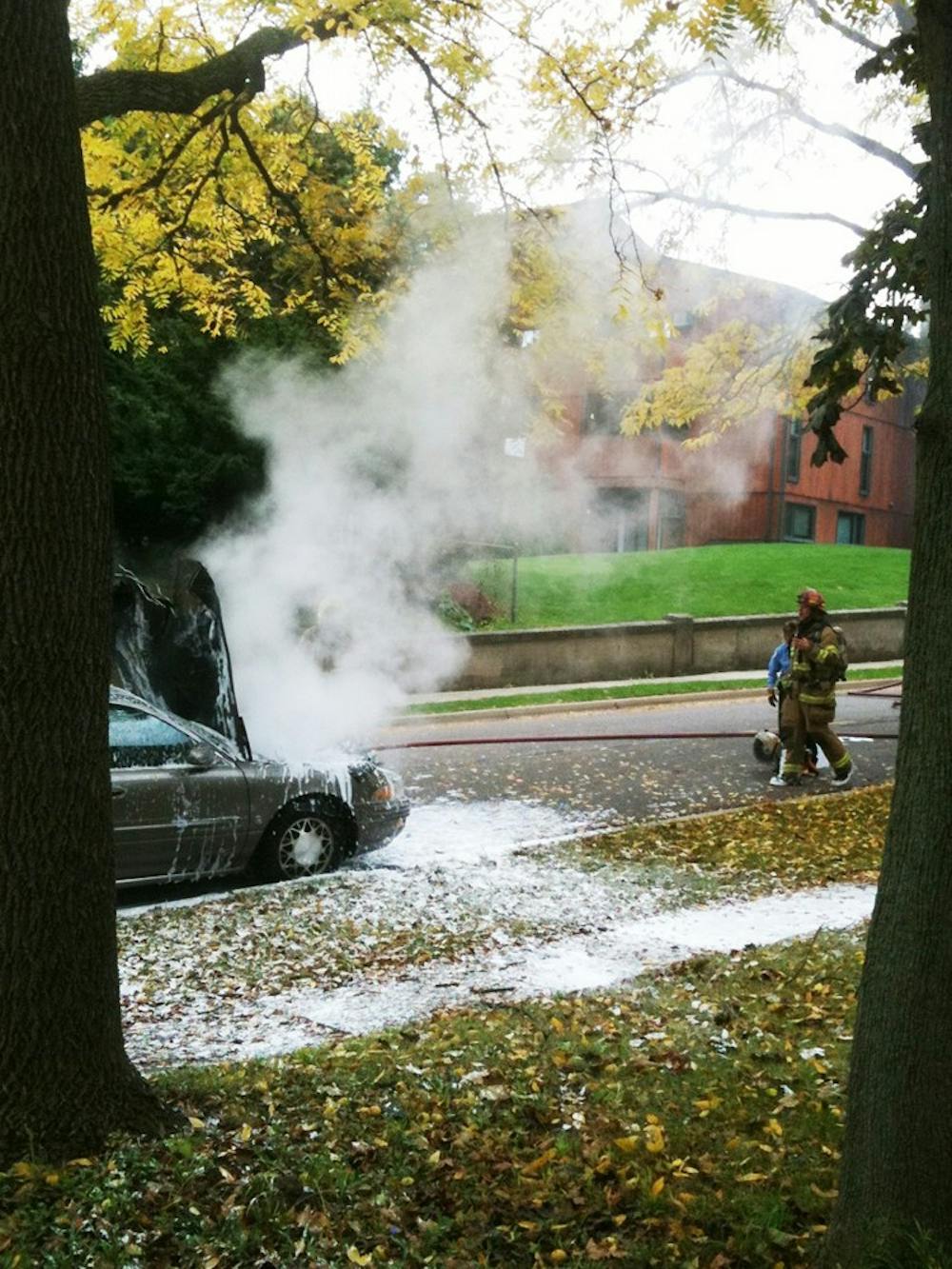 	<p>East Lansing Fire Department responds to a car fire on Wednesday afternoon on Evergreen Ave. No one was injured in the fire.</p>