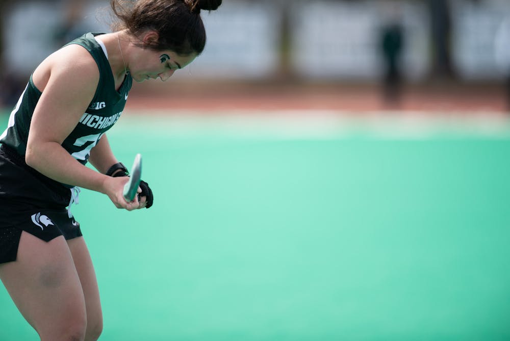 MSU midfielder Care Bonshak pauses for a breath during a game against Michigan on April 2, 2021.