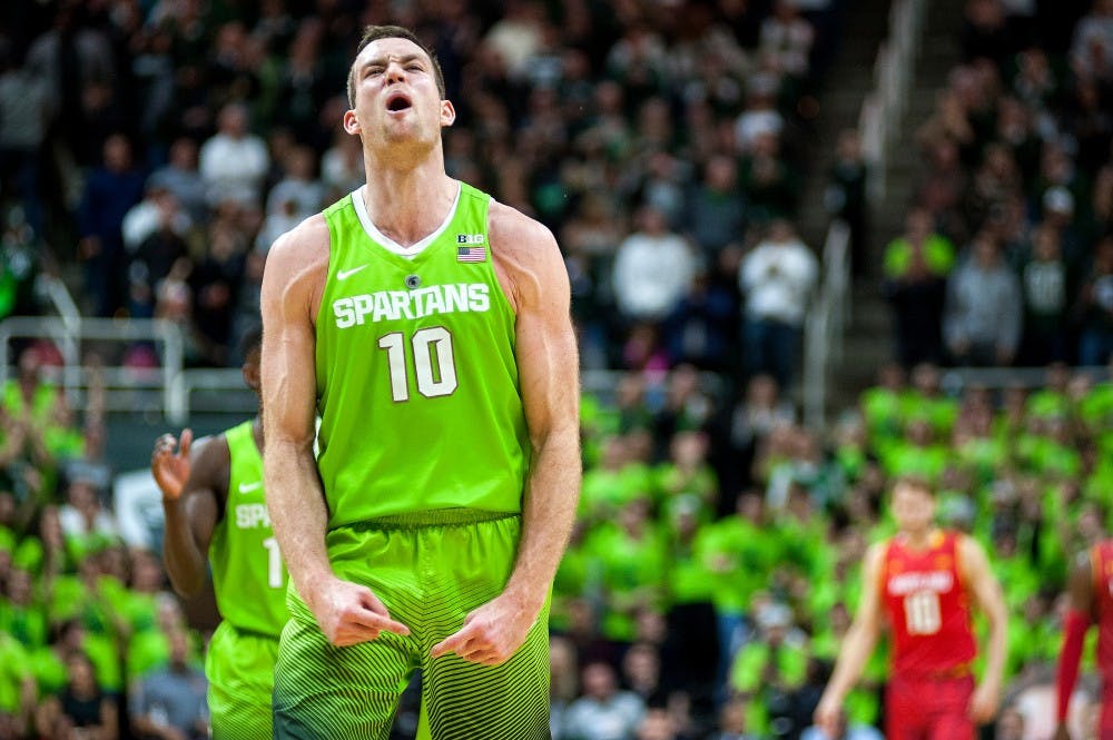 Senior forward Matt Costello celebrates their teams victory during the game against Maryland on Jan. 23, 2016 at Breslin Center. The Spartans defeated the Terrapins, 74-65.