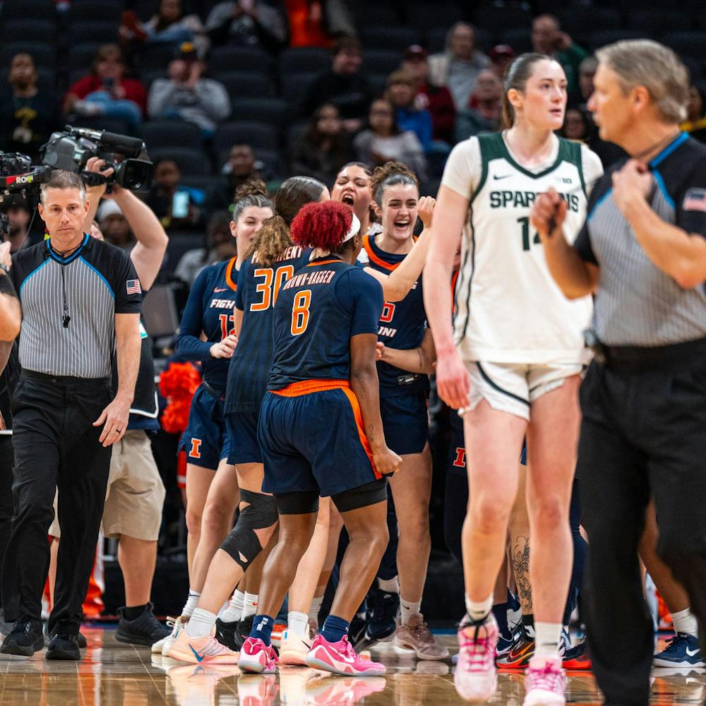 <p>The Illinois women's basketball team celebrates their win over MSU in the second round of the Big 10 tournament in the Gainbridge Fieldhouse in Indianapolis, IN on March 5, 2026.</p>