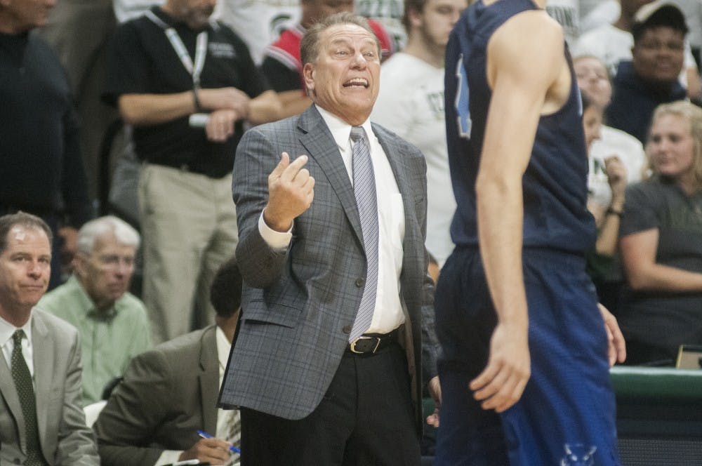 Head coach Tom Izzo yells instructions to the team during the first half of the basketball game against Northwood on Oct. 27, 2016 at Breslin Center. 