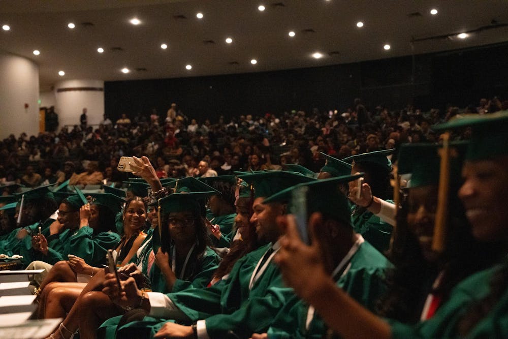 Michigan State alum and Golden State Warriors public relations manager, Lauren Clayborne encouraged graduating seniors to take a selfie during the Black Graduation ceremony on April 21, 2024. "Remember this moment and who you are now, Spartans," she said.