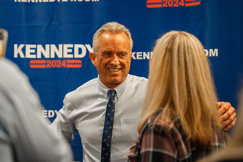 <p>Robert Kennedy Jr. greeting his fans at his meet and greet at The&nbsp;Doubletree by Hilton Lansing on Oct. 7, 2023.</p>