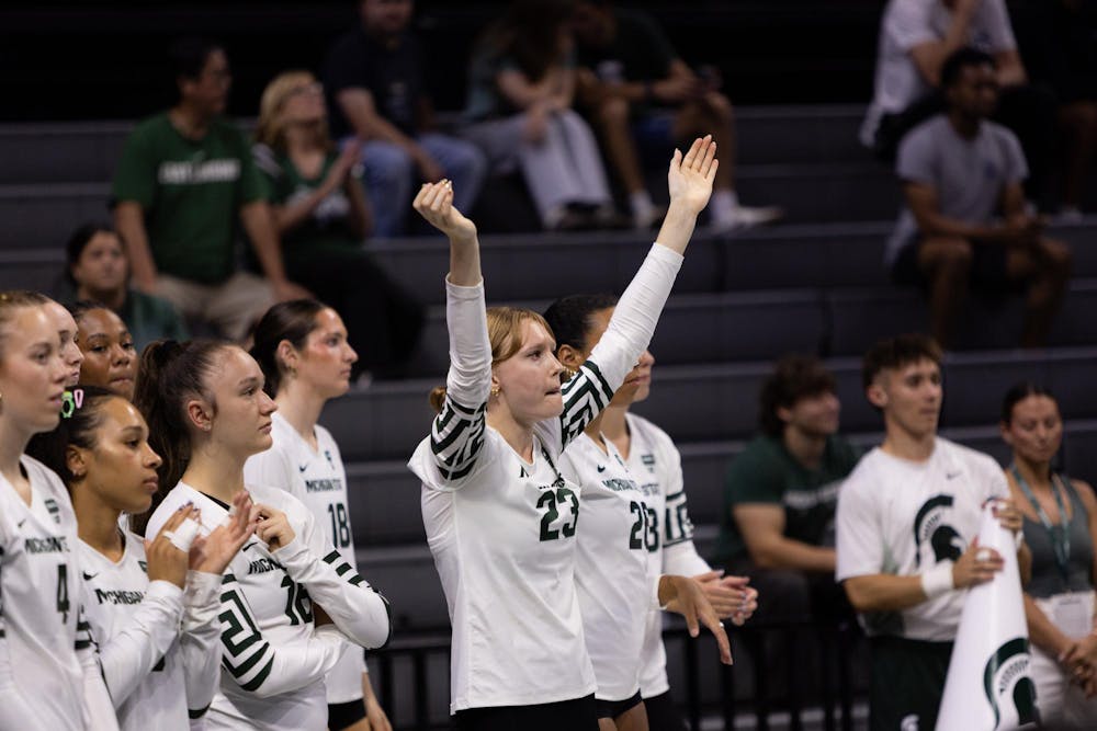 <p>Michigan State senior setter Cam Berger (23) celebrates a point during the Michigan State vs Western Michigan volleyball game at the Breslin Center on Tuesday, Sept. 8, 2026.</p>