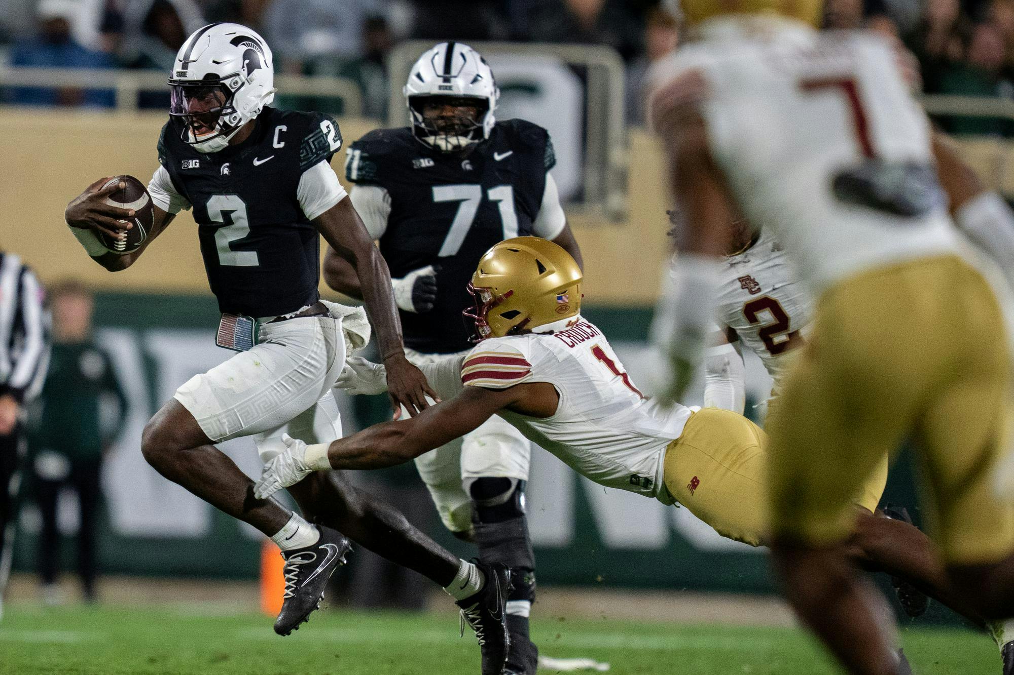 <p>Michigan State Spartans quarterback Aidan Chiles (2) runs down the field during the Michigan State University versus Boston College football game at Spartan Stadium in East Lansing, Michigan, on Sept. 6, 2025.</p>