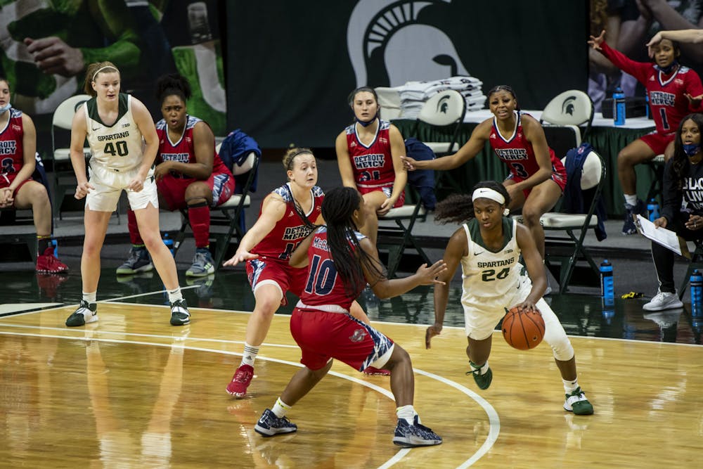 Number 24 of MSU, Nia Clouden, crosses up number 10 of Detroit Mercy, Markyia McCormick, on December 02, 2020.