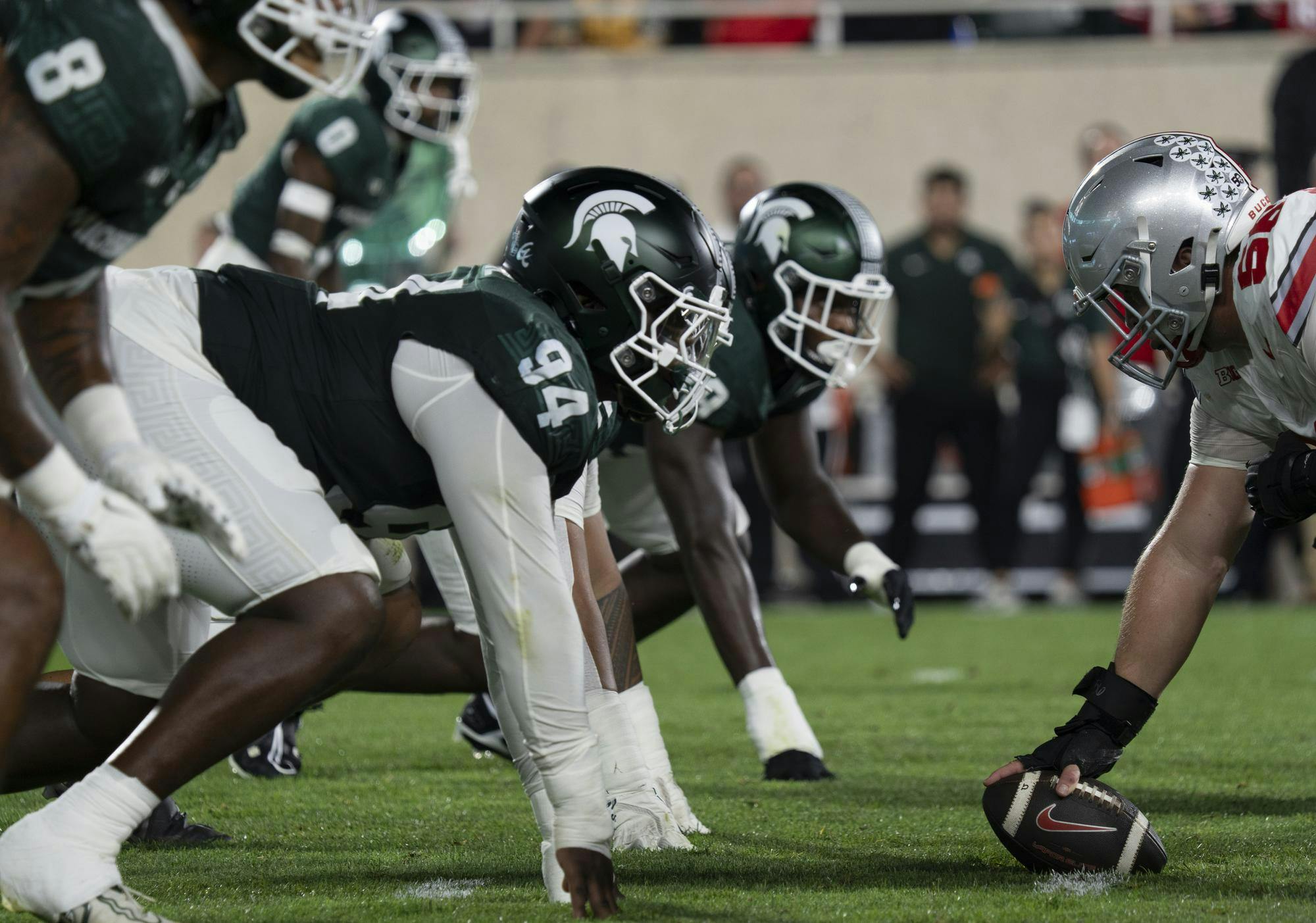 <p>Both teams prepare for a scrimmage in the game against the Ohio State Buckeyes played in Spartan Stadium on Sept. 29, 2024.</p>