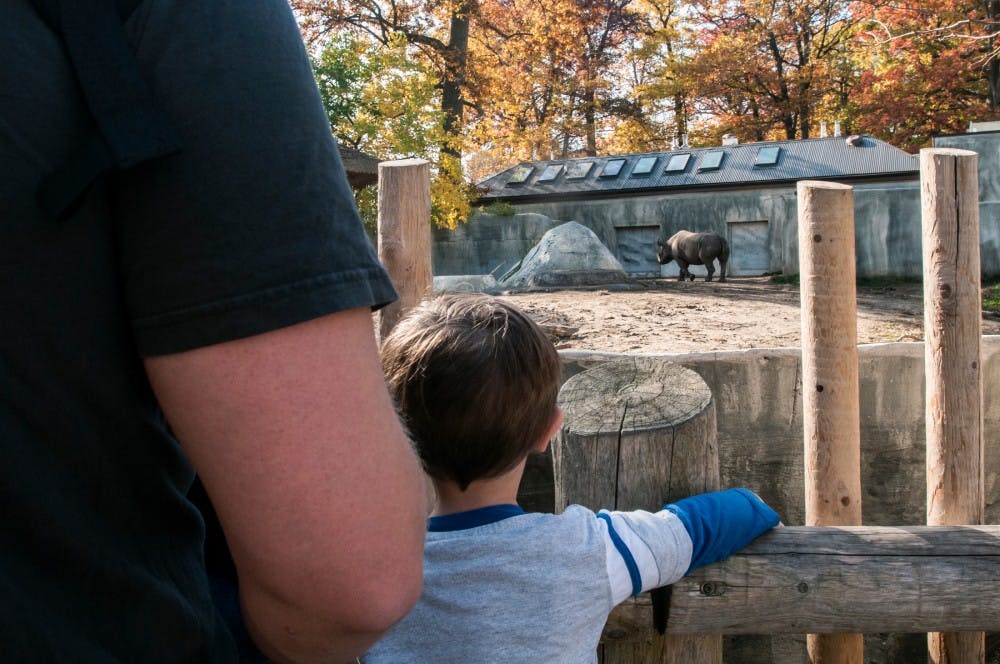 A father and his son observe the rhinoceros exhibit on Nov. 1, 2016 at Potter Park Zoo at 1301 S Pennsylvania Ave, Lansing, MI. 