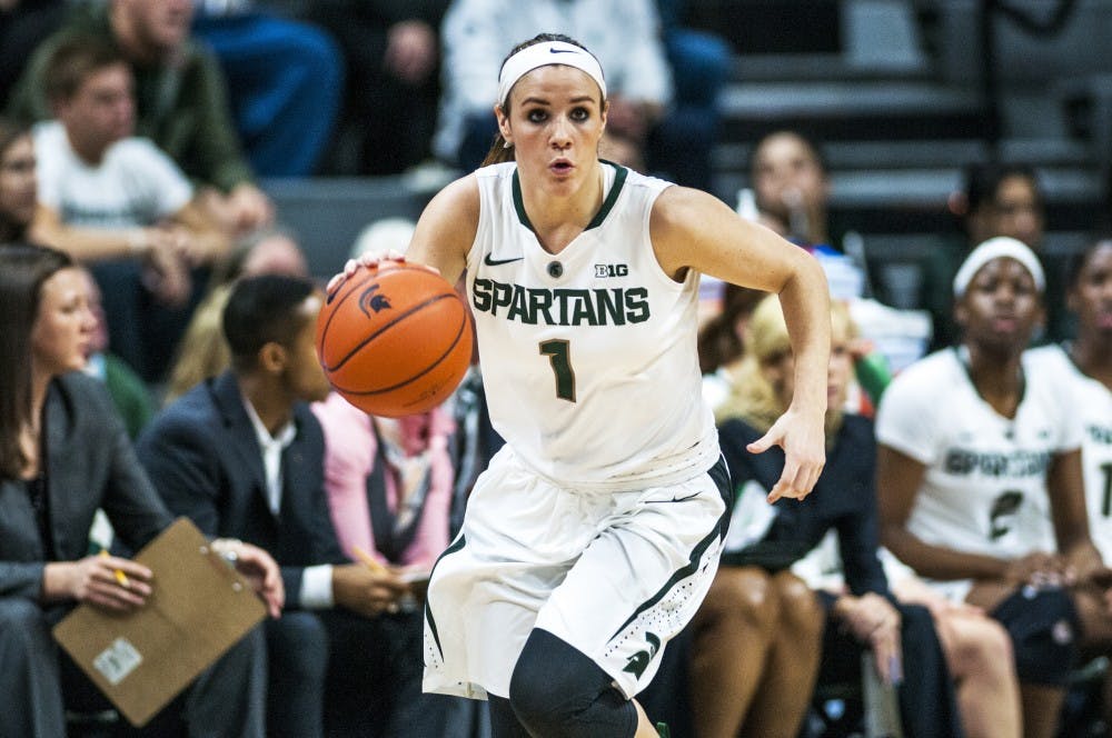 Senior guard Tori Jankoska (1) drives the ball up the court during the first quarter of the women's basketball game against Ohio State on Jan. 10, 2017 at Breslin Center. 