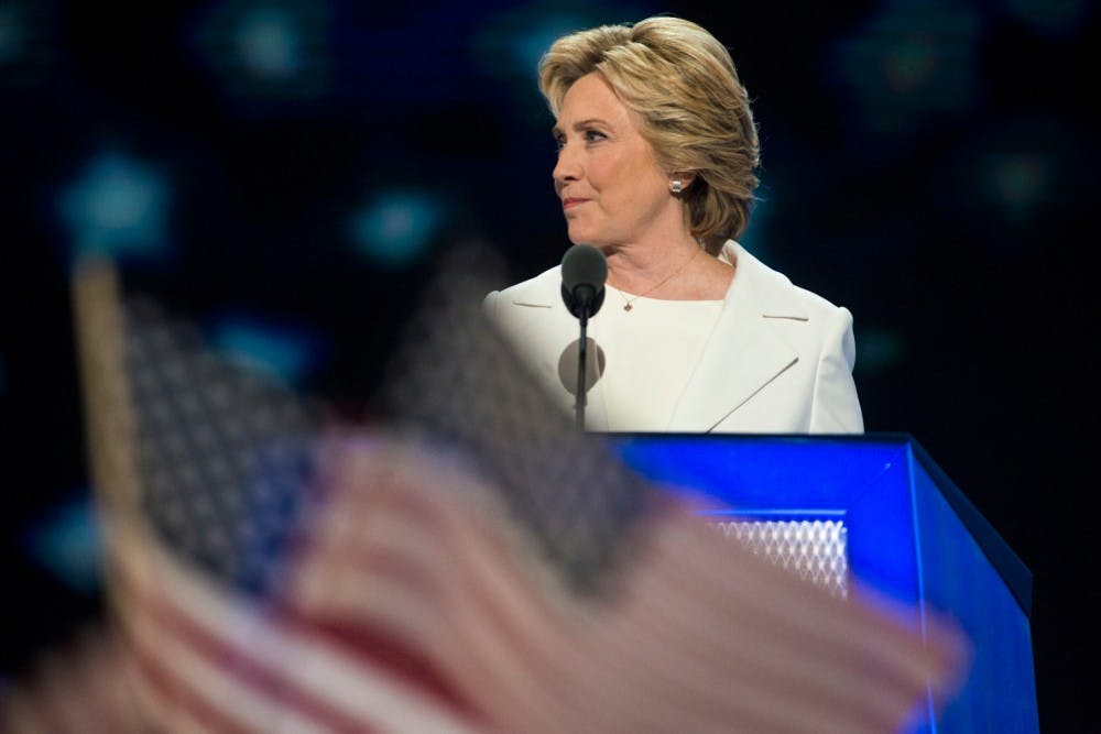 Democratic Presidential Candidate Hillary Clinton addresses the crowed during her acceptance speech on the final day of the Democratic National Convention on July 28, 2016 at Wells Fargo Center in Philadelphia.  Clinton became the first woman to accept the nomination of a major party for the presidential election. 