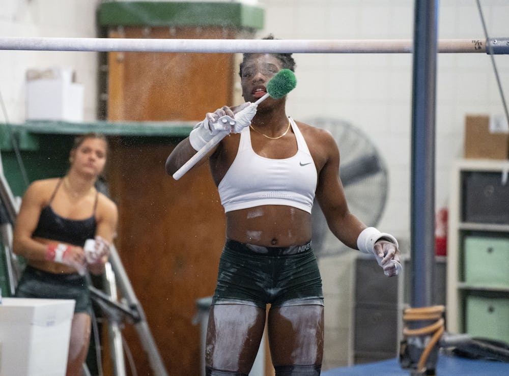 Sophomore all-around competitor Gabrielle Stephen at practice on Friday, March 24, 2023 - one week before the Spartans travel to Pittsburgh, Pa for the second round of the NCAA Regionals tournament. 